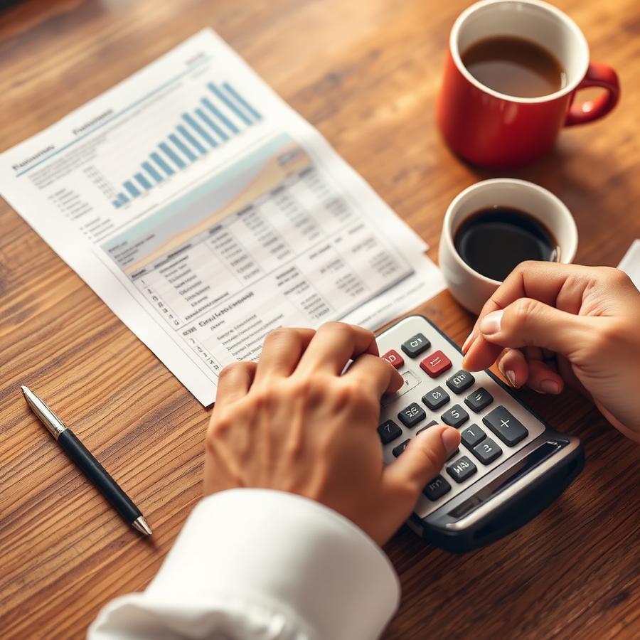 Accountant using calculator with financial reports