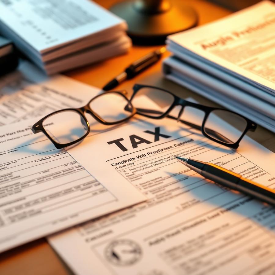 Tax preparation paperwork and forms